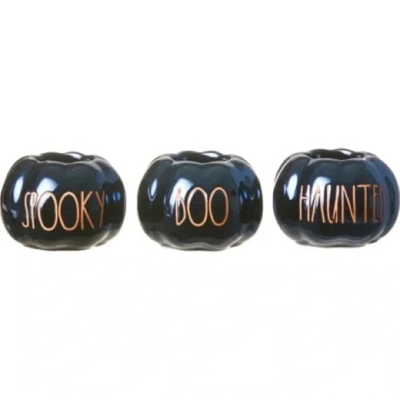 NEW Set of (3) -Rae Dunn BOO/SPOOKY/HAUNTED Fun Pumpkin Shaped Tea Light Holders - Picture 4 of 7